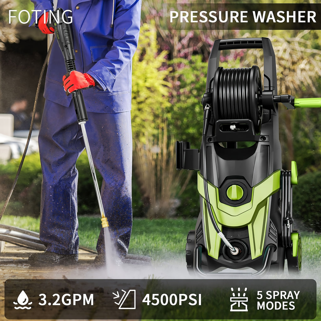 4500PSI Electric Pressure Washer | Power Cleaner with 4 Quick Connect Nozzles, Inlet Hose, Filter & Foam Cannon for Car, Patio, Fence & Household Cleaning